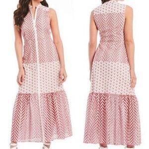 Badgley Mischka Red and White Eyelet Maxi Dress